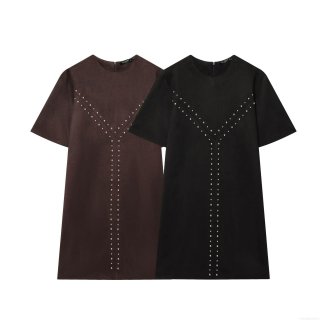 Women's Faux Suede Short Sleeve Midi Dress With Silver Rivet Decor Round Neck Straight Cut Back Zipper Elegant Minimalist Solid Color Dress For Party