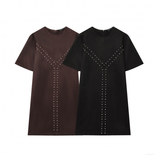 Women's Faux Suede Short Sleeve Midi Dress With Silver Rivet Decor Round Neck Straight Cut Back Zipper Elegant Minimalist Solid Color Dress For Party