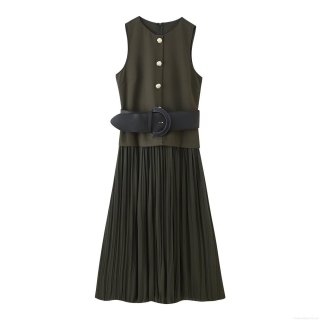 Elegant Women's Olive Green Sleeveless Midi Dress With Black PU Belt Gold Lion Head Buttons Pleated Skirt For Banquet Party Evening Socialite Style