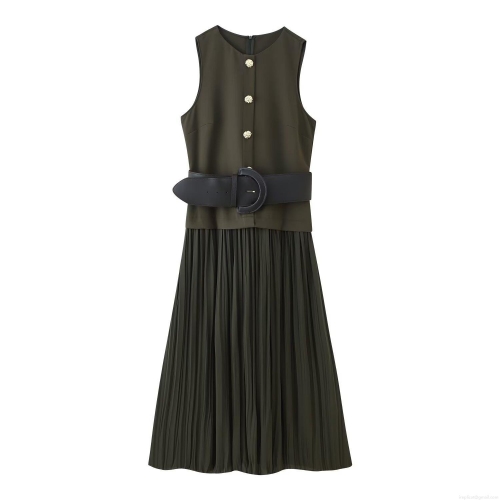 Elegant Women's Olive Green Sleeveless Midi Dress With Black PU Belt Gold Lion Head Buttons Pleated Skirt For Banquet Party Evening Socialite Style