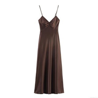 Women's Sexy V Neck Satin Midi Dress Elegant Spaghetti Strap Ruched Pleated Cocktail Party Evening Dress Slim Fit Coffee Dress