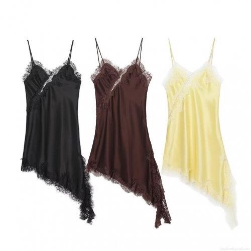 Women's Satin Lace Trim Slip Dress Elegant V-Neck Asymmetric Hem Spaghetti Strap Midi Dress For Party Dating Sleeveless Silk Texture Dress