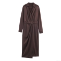 Elegant Coffee Satin Midi Dress With Belt Long Sleeve V Neck Solid Color Sophisticated Wrap Dress For Women Party Work Office Wedding Guest Dress
