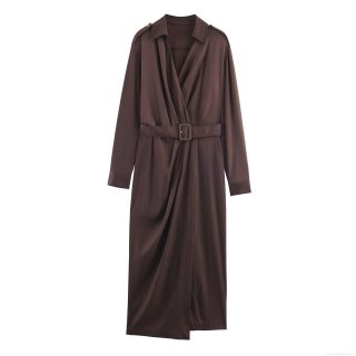 Elegant Coffee Satin Midi Dress With Belt Long Sleeve V Neck Solid Color Sophisticated Wrap Dress For Women Party Work Office Wedding Guest Dress