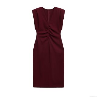 Women's Elegant Wine Red V-neck Sleeveless Midi Dress With Waist Pleats And Back Slit Slim Fit Polyester Party Banquet Sexy Long Dress