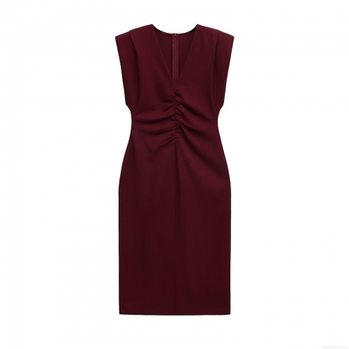 Women's Elegant Wine Red V-neck Sleeveless Midi Dress With Waist Pleats And Back Slit Slim Fit Polyester Party Banquet Sexy Long Dress