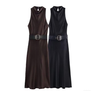 Women Elegant Satin Sleeveless Mock Neck Midi Dress With Metal Buckle Belt Solid Color High Waist Cocktail Party Evening Dress Ladies Luxury Outfits