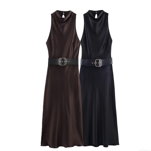 Women Elegant Satin Sleeveless Mock Neck Midi Dress With Metal Buckle Belt Solid Color High Waist Cocktail Party Evening Dress Ladies Luxury Outfits