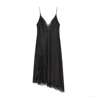 Women Sexy Satin Slip Dress With Lace Trim V-Neck Spaghetti Strap Asymmetric Hem Elegant Midi Dress For Party Cocktail Clubwear Nightwear Black