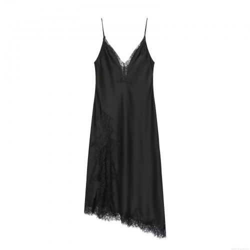 Women Sexy Satin Slip Dress With Lace Trim V-Neck Spaghetti Strap Asymmetric Hem Elegant Midi Dress For Party Cocktail Clubwear Nightwear Black