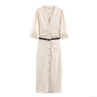 Elegant Women Puff Sleeve V Neck Midi Dress With Belt French Retro Solid Color Cotton Blend Denim Dress For Dating Daily Wear