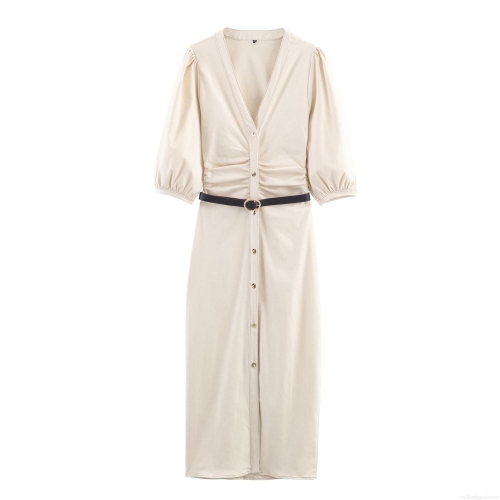 Elegant Women Puff Sleeve V Neck Midi Dress With Belt French Retro Solid Color Cotton Blend Denim Dress For Dating Daily Wear