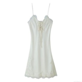 Women's Elegant Satin Lace Cami Midi Dress Sexy Deep V-Neck Lace Trim Tie Front Spaghetti Strap Evening Party Wedding Guest Gown For Ladies