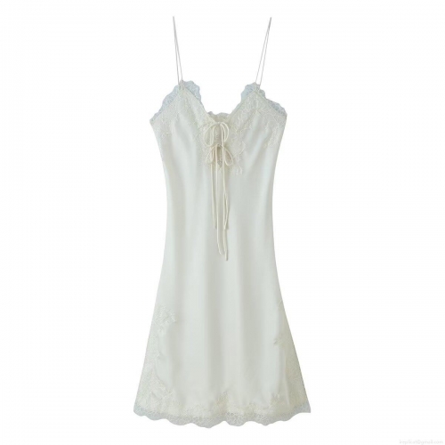 Women's Elegant Satin Lace Cami Midi Dress Sexy Deep V-Neck Lace Trim Tie Front Spaghetti Strap Evening Party Wedding Guest Gown For Ladies