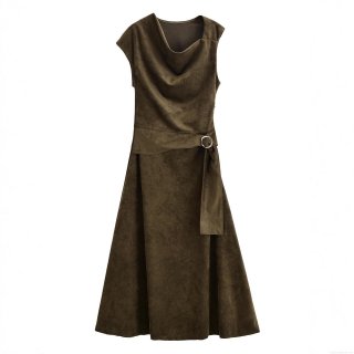 Women Sleeveless Suede Effect Midi Dress Cowl Neck Asymmetrical Hem Metal Ring Belted Waist Elegant Party Evening Dress Ladies Solid Color A-Line Sundress
