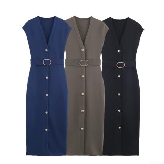 Women's Elegant Sleeveless V-Neck Midi Dress With Belt Button Down Solid Color Polyester Blend For Casual Office Commute Dating Summer Fashion