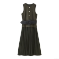 Women's Sleeveless Pleated Midi Dress With Belt Elegant Gold Lion Head Buttons Polyester Solid Color Patchwork Cocktail Party Sexy Dress