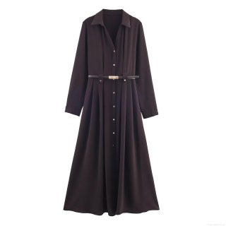 Elegant Women's Shirt Dress Long Sleeve Solid Color Maxi Dress With Belt Gold Button Down A-Line Midi Dress For Office Party Socialite Style