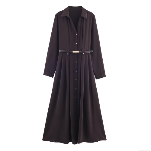 Elegant Women's Shirt Dress Long Sleeve Solid Color Maxi Dress With Belt Gold Button Down A-Line Midi Dress For Office Party Socialite Style