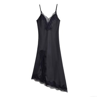 Women Sexy Black Satin Lace Patchwork Slip Dress V Neck Spaghetti Strap Sleeveless Backless Elegant Evening Party Maxi Long Dress For Ladies