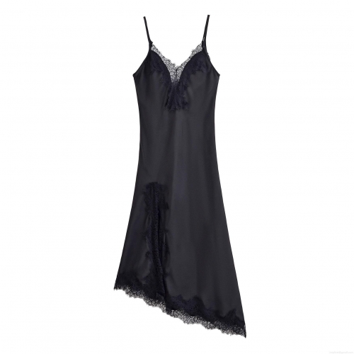 Women Sexy Black Satin Lace Patchwork Slip Dress V Neck Spaghetti Strap Sleeveless Backless Elegant Evening Party Maxi Long Dress For Ladies