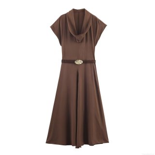 Women Elegant Satin Cowl Neck Midi Dress With Belt Solid Color Sleeveless High Waist Long Dress For Party Evening Dating Clubwear Celebrity Style