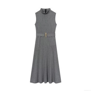 Women's Elegant Sleeveless Herringbone Midi Dress With Belt Semi High Neck Back Zipper Polyester Office Business Sheath Dress