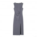 Elegant Gray Sleeveless Midi Dress Polyester Blend Pleated Waist Side Slit Slim Fit Commuter Party Dress for Women