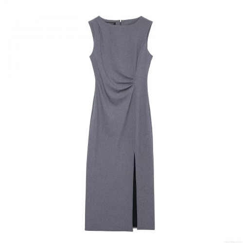 Elegant Gray Sleeveless Midi Dress Polyester Blend Pleated Waist Side Slit Slim Fit Commuter Party Dress for Women