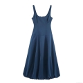 Elegant Satin Peacock Blue Spaghetti Strap Midi Dress Women's Fashion Balloon Hem Bubble Cocktail Party Evening Special Occasion Gown