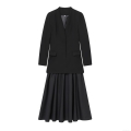 Women's Elegant Blazer Pleated Dress Patchwork Long Sleeve V-Neck Formal Party Maxi Dress Solid Black Slim Fit High Waist Office Skirt Dress