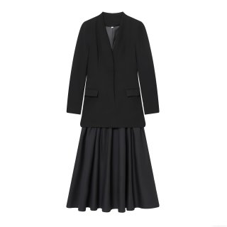 Women's Elegant Blazer Pleated Dress Patchwork Long Sleeve V-Neck Formal Party Maxi Dress Solid Black Slim Fit High Waist Office Skirt Dress