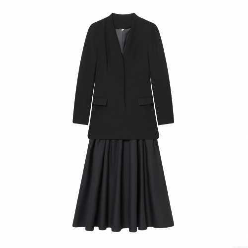 Women's Elegant Blazer Pleated Dress Patchwork Long Sleeve V-Neck Formal Party Maxi Dress Solid Black Slim Fit High Waist Office Skirt Dress
