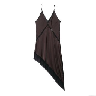 Women's Sexy Satin Slip Midi Dress Elegant V-Neck Lace Trim Asymmetrical Hem Patchwork Party Evening Dress Coffee Brown