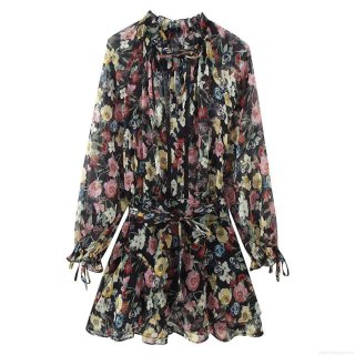 Women's Elegant Floral Print Midi Dress Long Sleeve Ruffle Neck Chiffon Texture Vacation Style Pullover Dress With Bow Tie Belt Party Clubwear
