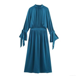Elegant Satin Mock Neck Maxi Dress Long Sleeve Flare Cuff Ruched Swing Long Dress For Women Evening Party Banquet Cocktail Wedding Guest Dresses