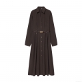 Women's Elegant Coffee Brown Long Sleeve Midi Shirt Dress With Metal Buckle Belt Single Breasted Lapel A-Line Polyester Woven Dress For Office Party Socialite Style