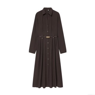 Women's Elegant Coffee Brown Long Sleeve Midi Shirt Dress With Metal Buckle Belt Single Breasted Lapel A-Line Polyester Woven Dress For Office Party Socialite Style