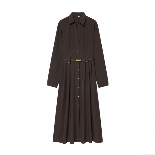 Women's Elegant Coffee Brown Long Sleeve Midi Shirt Dress With Metal Buckle Belt Single Breasted Lapel A-Line Polyester Woven Dress For Office Party Socialite Style