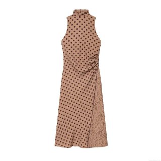 Elegant Polka Dot Sleeveless Midi Dress Retro Mock Neck Bow Tie Back Zipper Slim Fit Polyester Bodycon Party Dress For Women