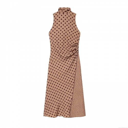 Elegant Polka Dot Sleeveless Midi Dress Retro Mock Neck Bow Tie Back Zipper Slim Fit Polyester Bodycon Party Dress For Women