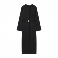 Elegant Black Bodycon Midi Dress For Women Long Sleeve Belted Shirt Dress With Gold Buttons Round Neck Split Hem Office Party Wear