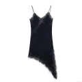 Women Black Polyester Velvet Lace Slip Dress Sexy V Neck Sleeveless Irregular Hem Midi Nightgown Elegant Party Date Wear Dress