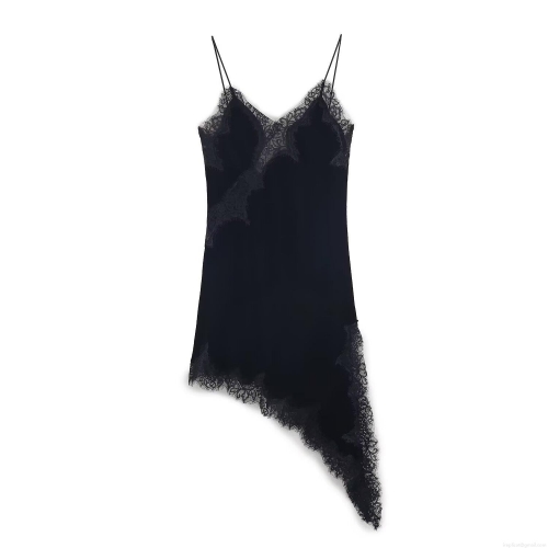 Women Black Polyester Velvet Lace Slip Dress Sexy V Neck Sleeveless Irregular Hem Midi Nightgown Elegant Party Date Wear Dress