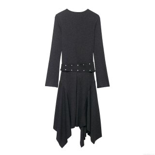 Women's Elegant Long Sleeve Knit Midi Dress With Asymmetric Hem And Metal Eyelet Belt Solid Color Bodycon Fish Tail Dress For Party Evening