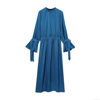 Elegant Sky Blue Acetate Satin High Neck Maxi Dress Long Sleeve Bow Cuff Cocktail Party Evening Gown For Women
