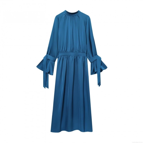 Elegant Sky Blue Acetate Satin High Neck Maxi Dress Long Sleeve Bow Cuff Cocktail Party Evening Gown For Women