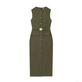 Women Elegant Sleeveless Round Neck Single Breasted Midi Dress With Belt Solid Color Linen Cotton Casual Party Office Gown Bodycon Vestidos