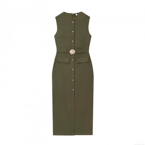 Women Elegant Sleeveless Round Neck Single Breasted Midi Dress With Belt Solid Color Linen Cotton Casual Party Office Gown Bodycon Vestidos