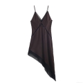 Women's V-Neck Satin Asymmetric Midi Dress Lace Mesh Trim Sleeveless Spaghetti Strap Slip Dress Deep Brown Vacation Party Elegant Evening Cami Dress